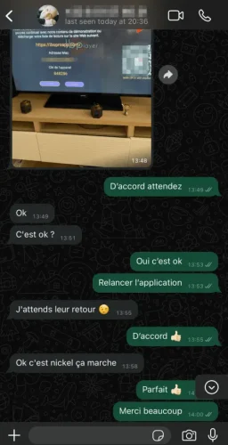 WhatsApp chat on a phone showing a video thumbnail on a TV screen and several French confirmation messages in green and gray bubbles.